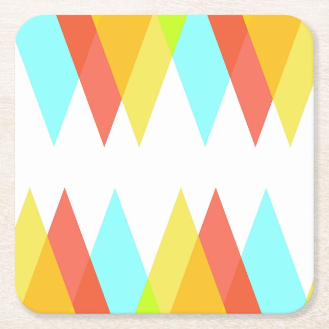 Yellow, red and cadet blue triangles square paper coaster (Front)