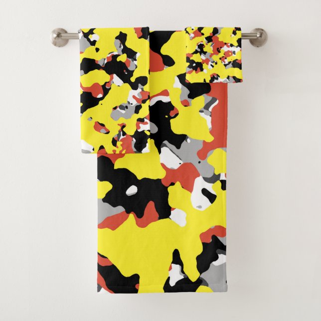 Yellow Red Black Grey Camouflage Camo Pattern Bath Towel Set (Insitu)
