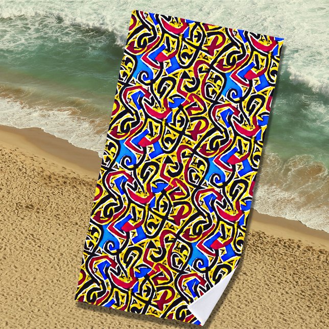 Yellow Red Black on Blue Graffiti  Beach Towel (Creator Uploaded)