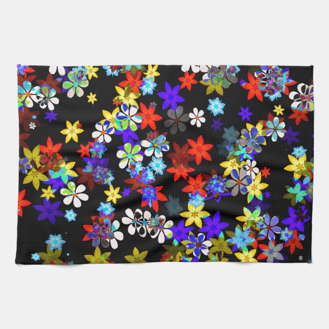 Yellow, Red, Blue, Cream, Violet Flowers On Black Tea Towel (Horizontal)