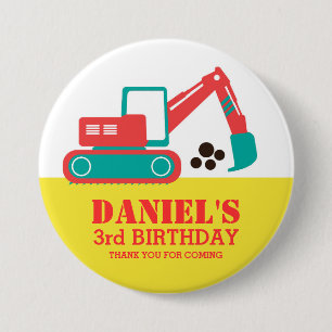 Yellow Red Cartoon Excavator Kids Birthday Button