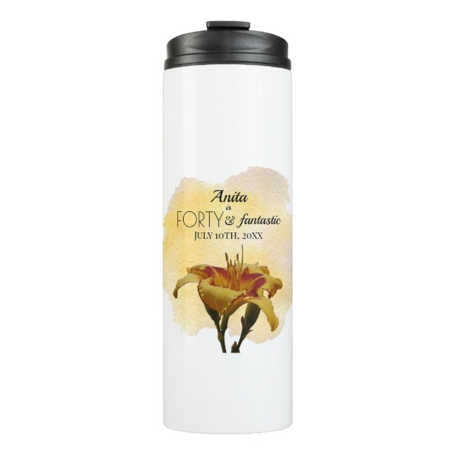 Yellow & Red Daylily Forty and Fantastic Birthday Thermal Tumbler (Front)