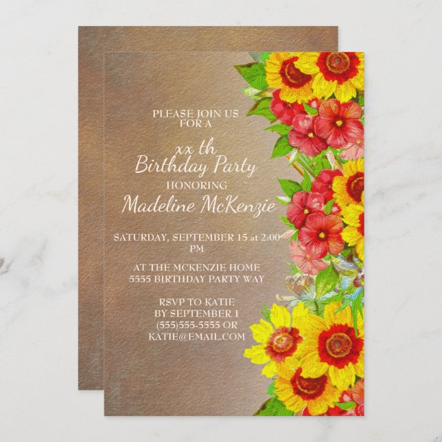 Yellow Red Flowers Brown Birthday Party Invitation (Front/Back)