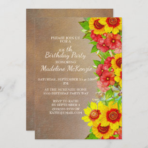 Yellow Red Flowers Brown Birthday Party Invitation