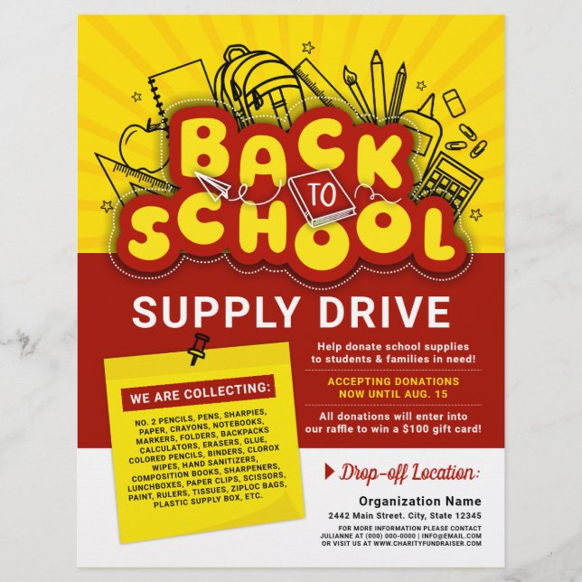 Yellow & Red Fun Back To School Supply Drive Ad Flyer (Front)