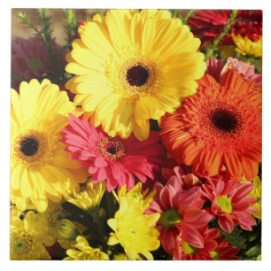 Yellow Red Gerbera Chrysanthemum Flowers Ceramic Tile