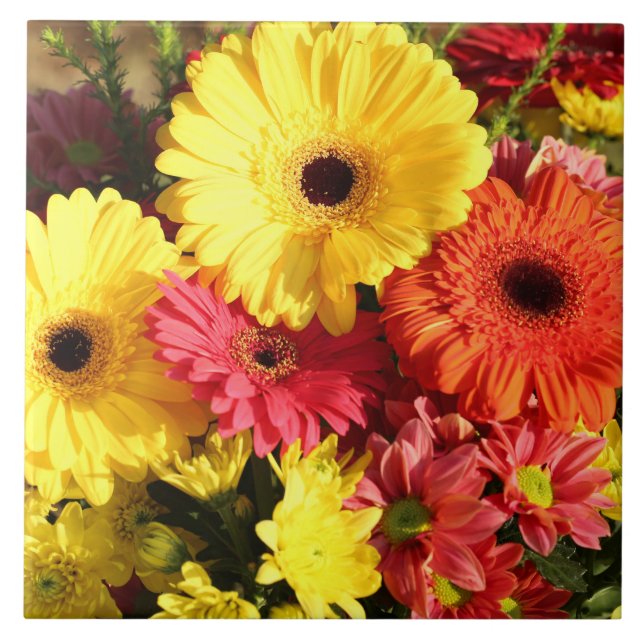 Yellow Red Gerbera Chrysanthemum Flowers Ceramic Tile (Front)