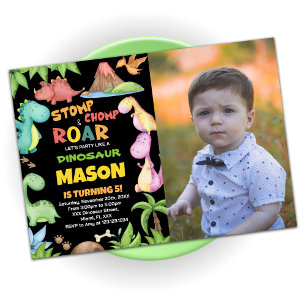 Yellow Red Green Dinosaur Birthday Photo Invitation