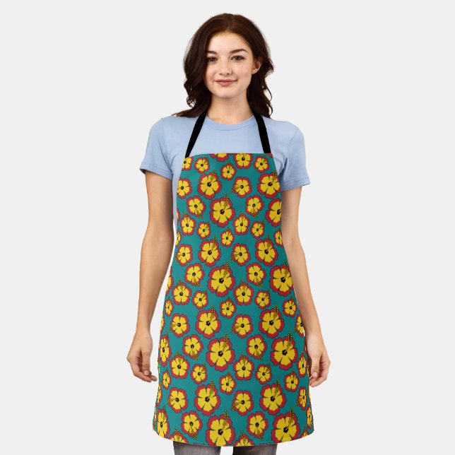  Yellow Red Hibiscus Tropical Flowers Pattern Apron (Worn)