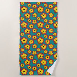 Yellow Red Hibiscus Tropical Flowers Pattern Beach Towel