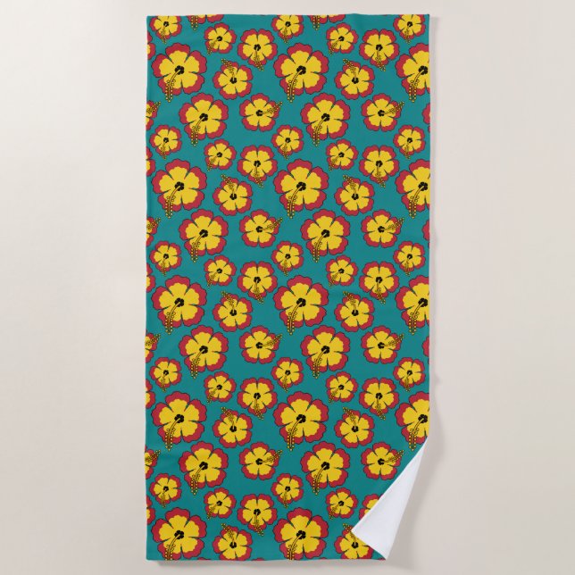Yellow Red Hibiscus Tropical Flowers Pattern Beach Towel (Front)