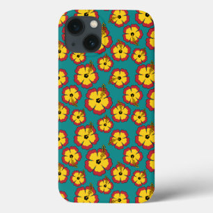 Yellow Red Hibiscus Tropical Flowers Pattern iPhone 13 Case