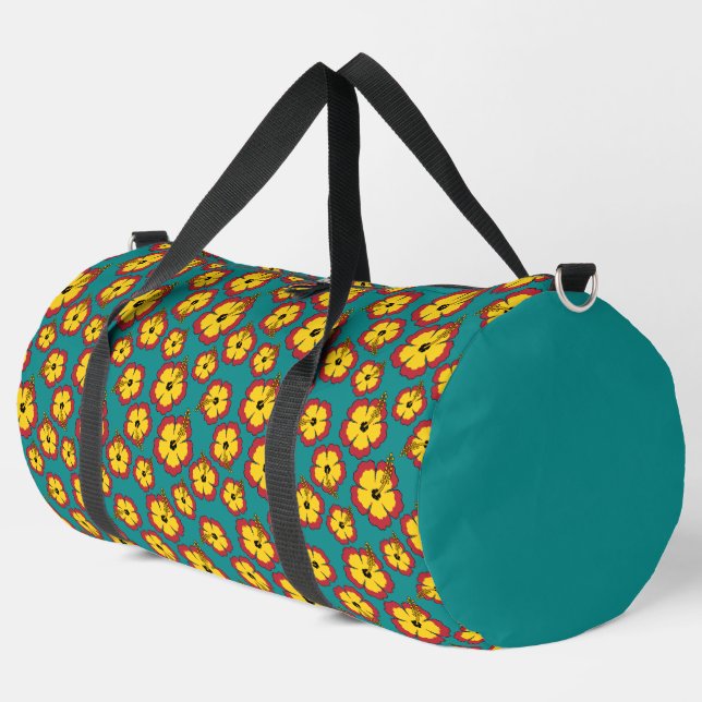 Yellow Red Hibiscus Tropical Flowers Pattern Duffle Bag (Left Corner)