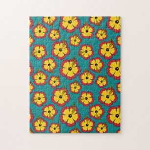 Yellow Red Hibiscus Tropical Flowers Pattern Jigsaw Puzzle