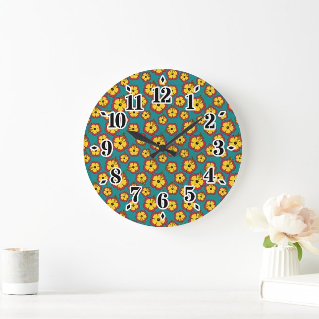 Yellow Red Hibiscus Tropical Flowers Pattern Large Clock (Home)