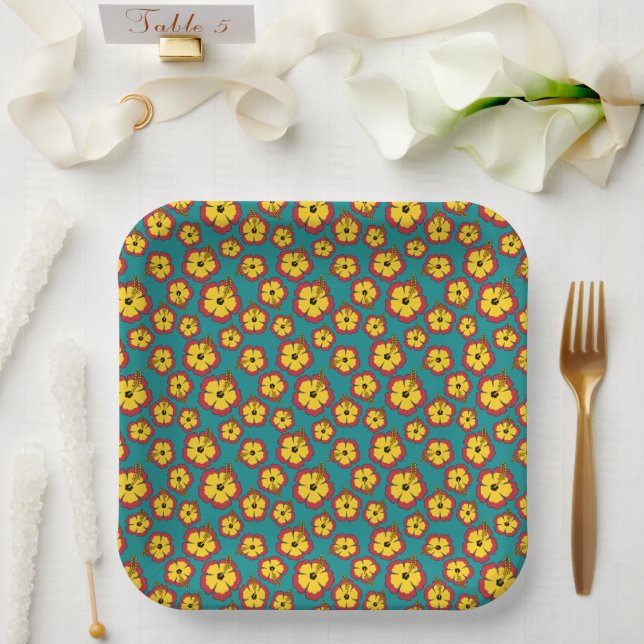 Yellow Red Hibiscus Tropical Flowers Pattern Paper Plate (Wedding)