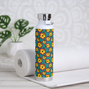 Yellow Red Hibiscus Tropical Flowers Pattern Water Bottle