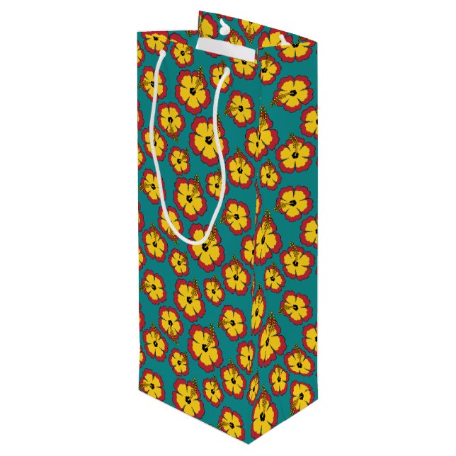 Yellow Red Hibiscus Tropical Flowers Pattern Wine Gift Bag (Back Angled)