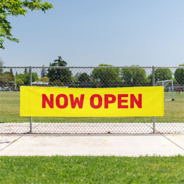 Yellow & Red Now Open Sign Banner (Insitu)