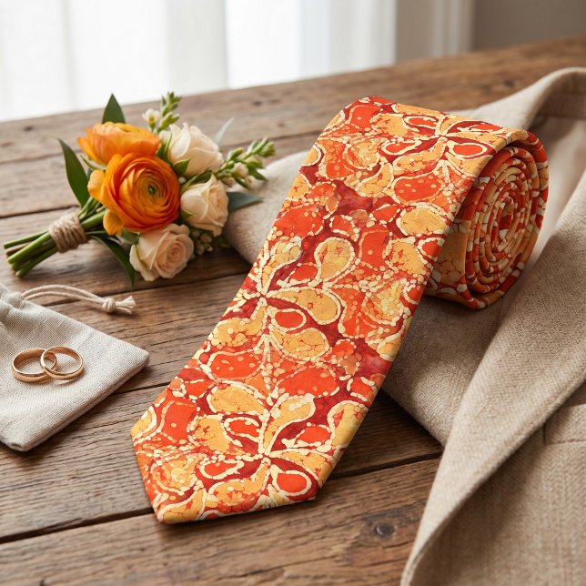 Yellow Red Orange Bali Batik Style Paisley Pattern Tie (Creator Uploaded)