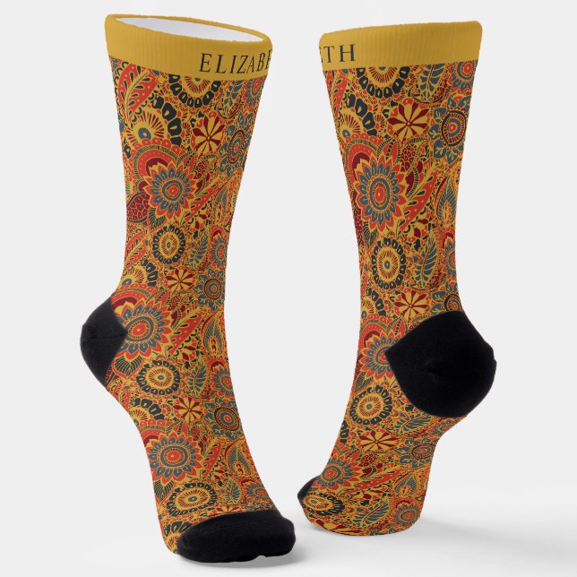Yellow red Orange Green Aztec Paisley Pattern Socks (Angled)