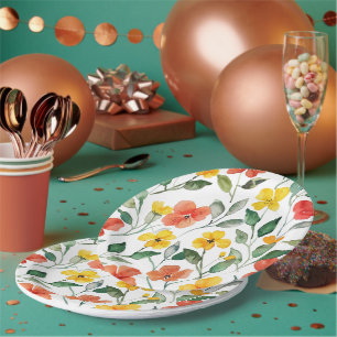 Yellow Red Peach Flowers Paper Plate