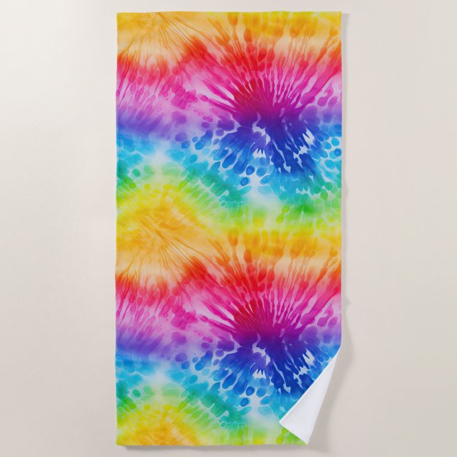 Yellow, Red, Pink, Purple, Aqua Tie Dye  Beach Towel (Front)
