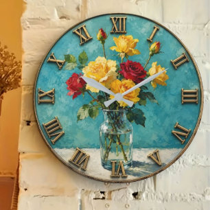 Yellow Red Roses Elegant Floral Glass Vase Decor Large Clock