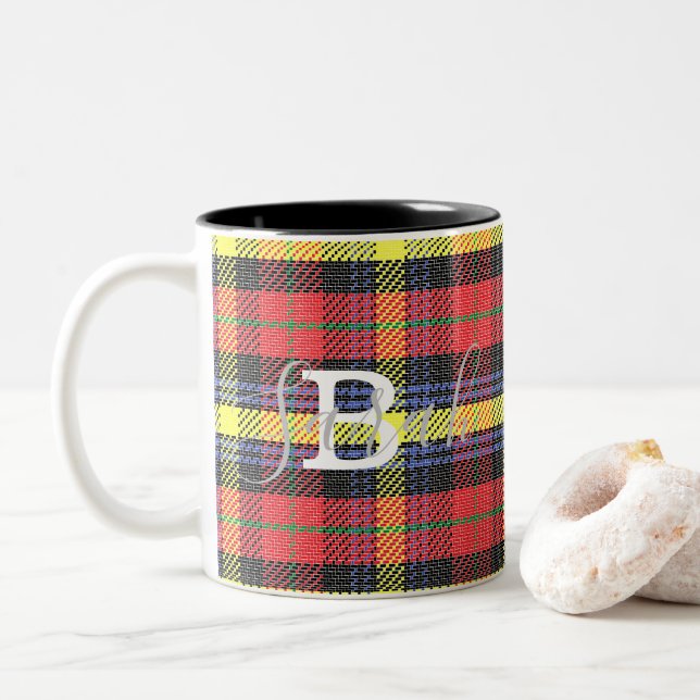Yellow & Red Tartan Chequered Monogram Name Two-Tone Coffee Mug (With Donut)