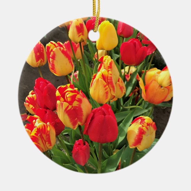 Yellow & Red Tulips Ceramic Ornament (Front)