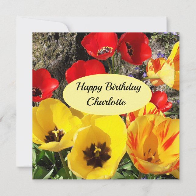 Yellow & Red Tulips Flat Birthday Card (Front)