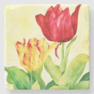 Yellow Red Vintage Style Tulip Flower Art Coaster