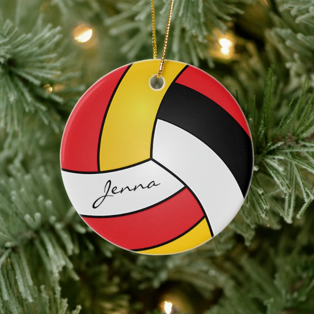 Yellow, Red, White & Black Personalise Volleyball Ceramic Ornament (Tree)