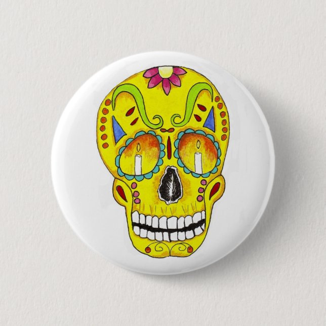Yellow Remembrance Sugar Skull 6 Cm Round Badge (Front)