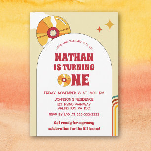 Yellow Retro 1st Kids Birthday Groovy Party Vinyl Invitation