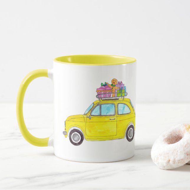 Yellow Retro Fiat 500 Christmas Gifts Watercolor Mug (With Donut)