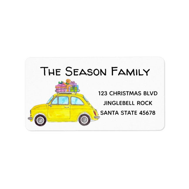 Yellow Retro Fiat 500 with Christmas gifts Label (Front)