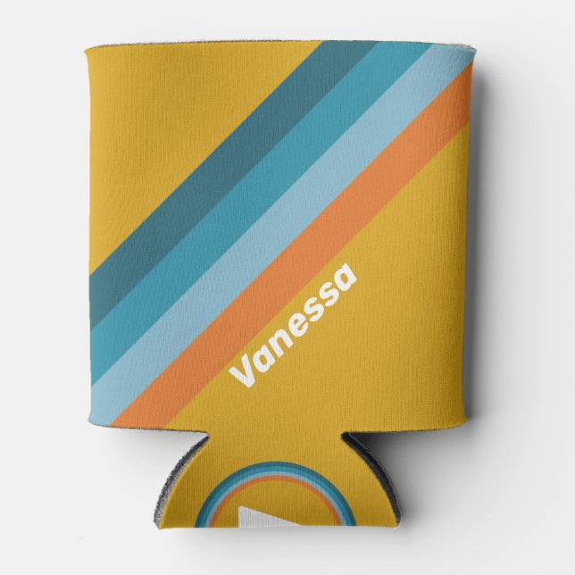 Yellow Retro Stripes with Name Can Cooler (Front)