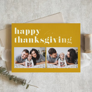 Yellow Retro Typography Happy Thanksgiving Photo  Foil Holiday Card