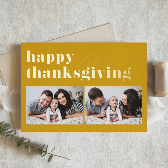 Yellow Retro Typography Happy Thanksgiving Photo  Foil Holiday Card (Creator Uploaded)