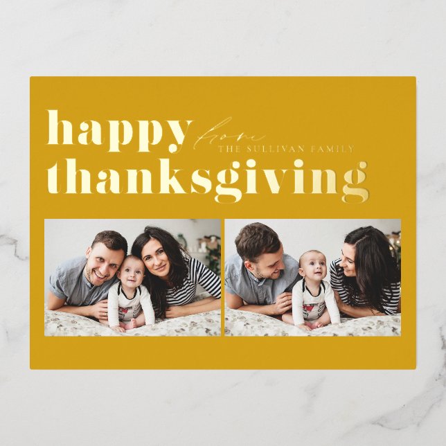 Yellow Retro Typography Happy Thanksgiving Photo  Foil Holiday Postcard (Front)