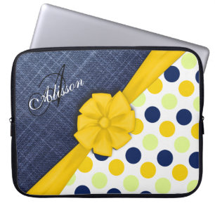 Yellow Ribbon, Jeans Fabric, Dots Pattern Monogram Laptop Sleeve