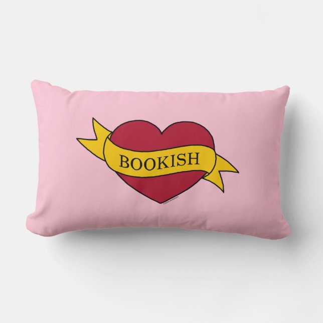 Yellow Ribbon Pink Bookish Heart Lumbar Cushion (Front)