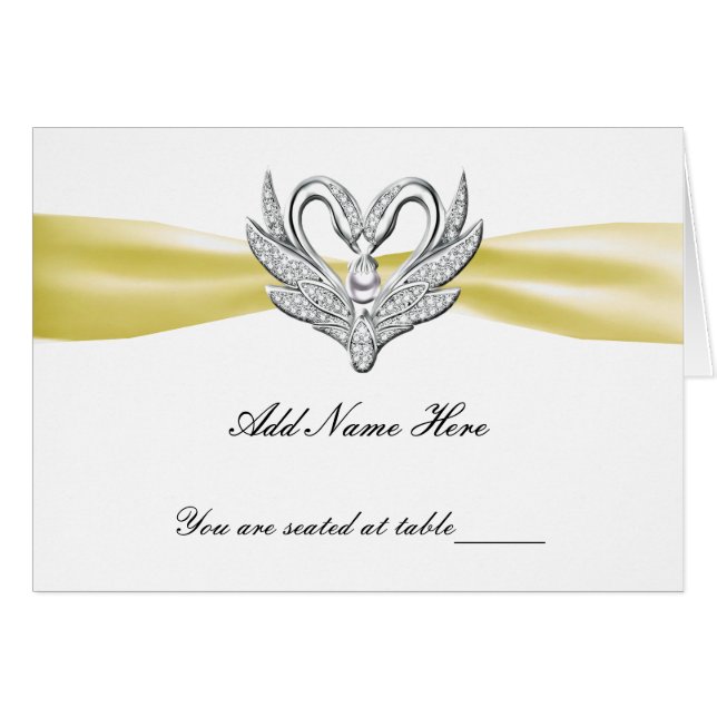 Yellow Ribbon Silver Swans Folded Table Place Card (Front Horizontal)