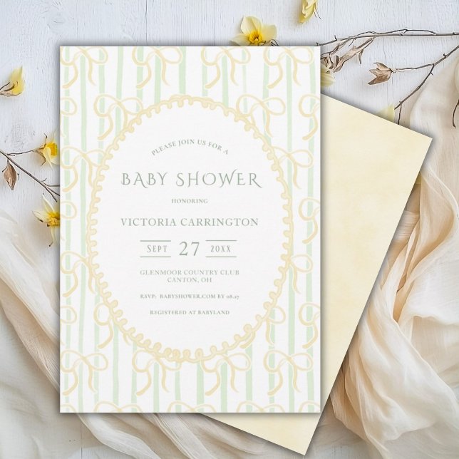 Yellow Ribbons & Stripes Vintage Baby Shower  Invitation (Creator Uploaded)