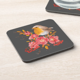 Yellow robin and red poppies  coaster