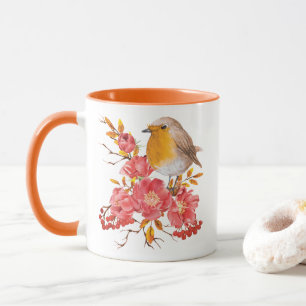 Yellow robin and red poppies  mug