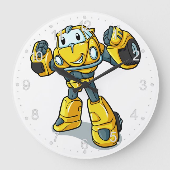 Yellow robot cartoon|Choose background colour Large Clock (Front)