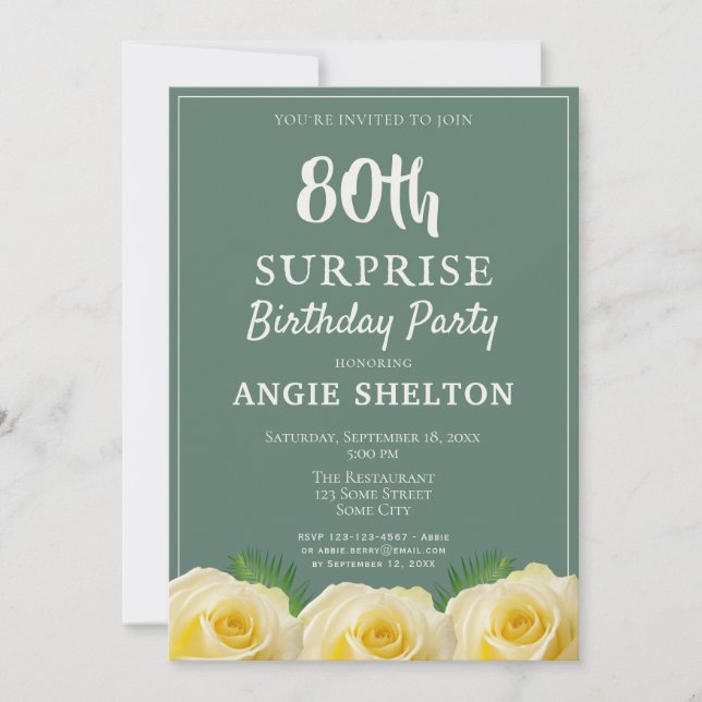Yellow Rose 80th Surprise Birthday Party Invitation (Front)
