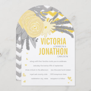 Yellow Rose and Ferns Grey Zig Zag Wedding Invitation